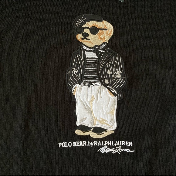Polo Ralph Lauren Men’s Bear Knit Sweater M Black 100% Cotton Crewneck New - Picture 2 of 6